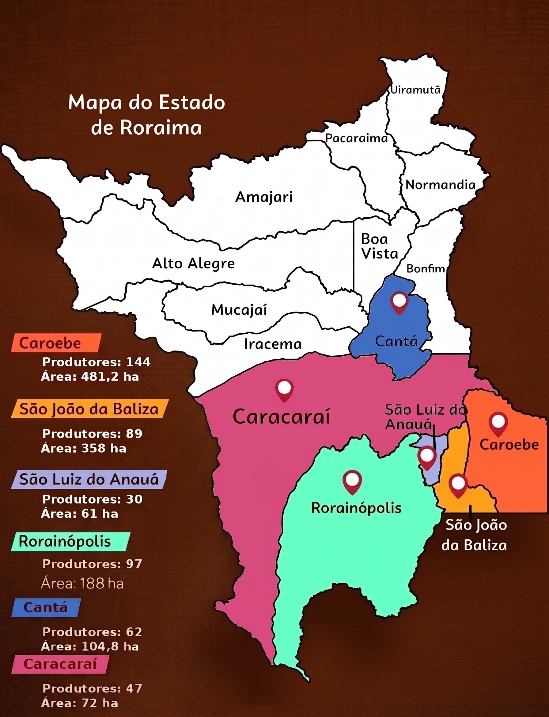Mapa do estado de Roraima com produtores de cacau por município
